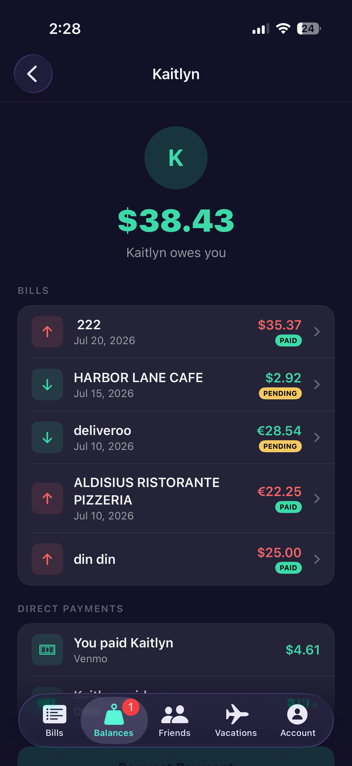CheckMate Balances tab showing a friend's running balance