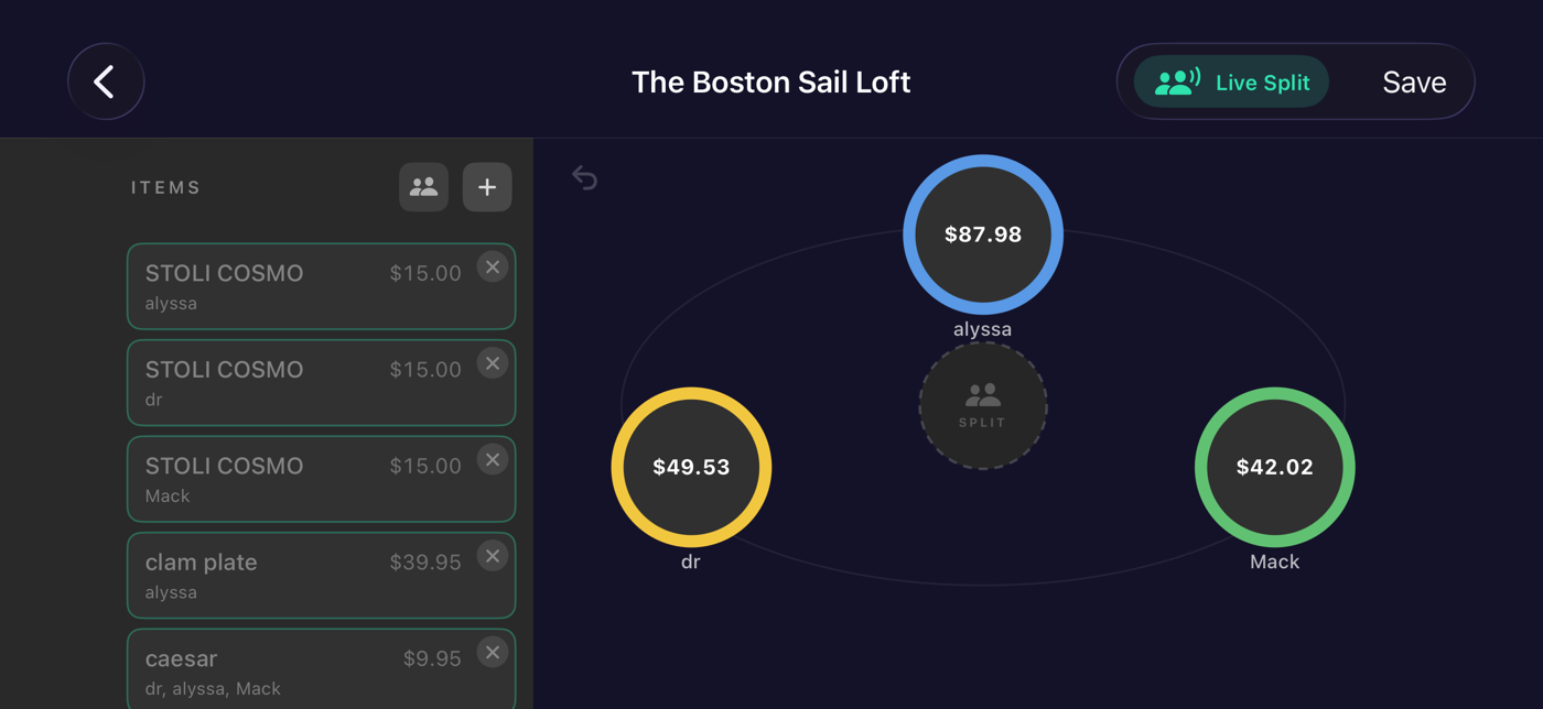 CheckMate Live Split screen showing itemized items and each person's split total in colored circles