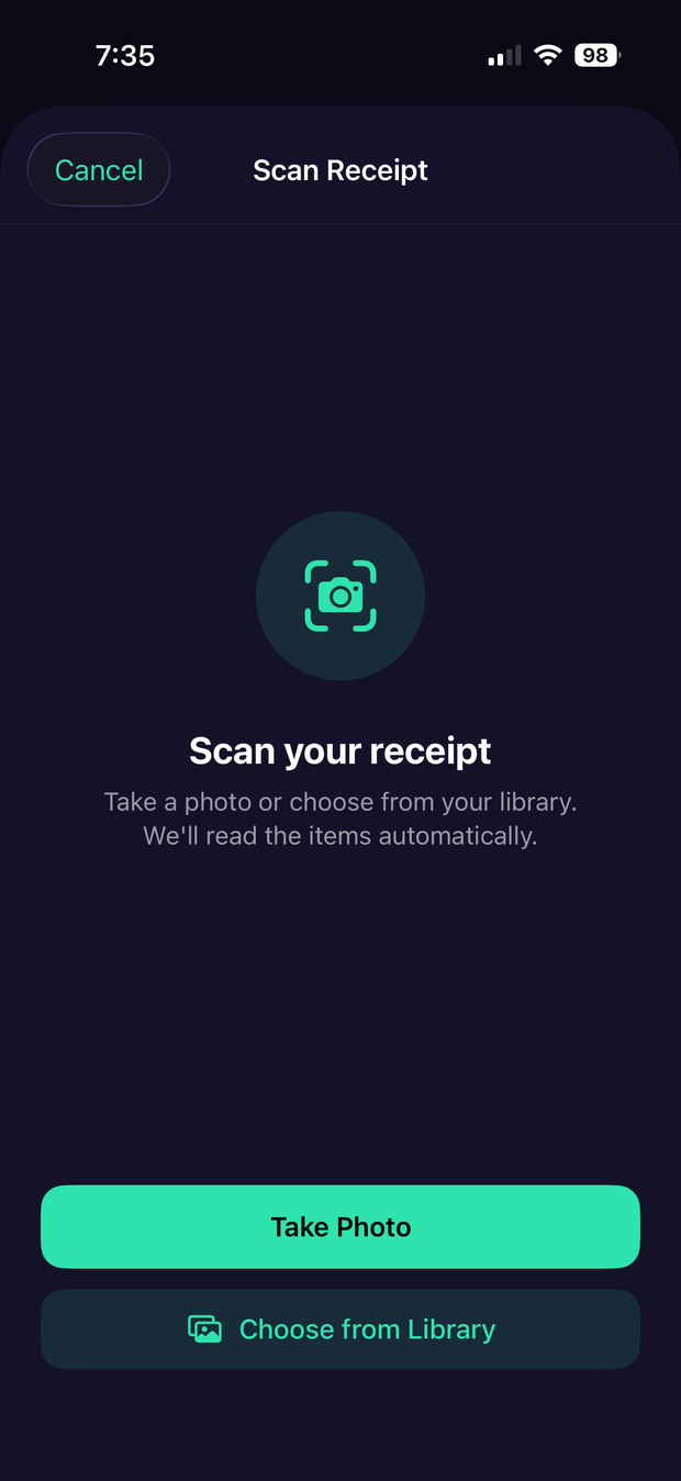 CheckMate Scan Receipt screen with Take Photo and Choose from Library options