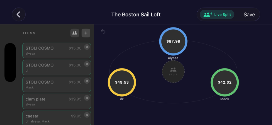 CheckMate Live Split screen showing each person's running total in real time