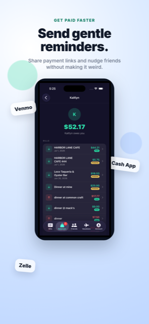 CheckMate balance detail screen with Venmo, Cash App, and Zelle payment options