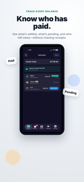 CheckMate bill summary screen showing paid, pending, and settled status for each person