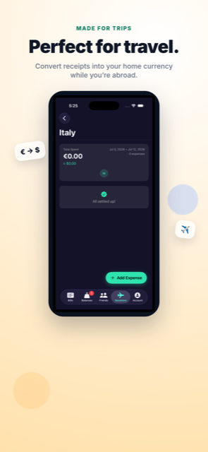 CheckMate Vacation Mode screen converting a trip's expenses into home currency