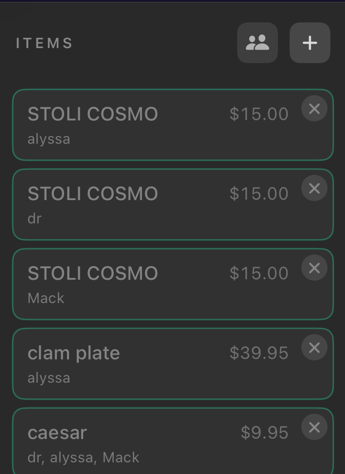 CheckMate itemized receipt list with each item assigned to a person