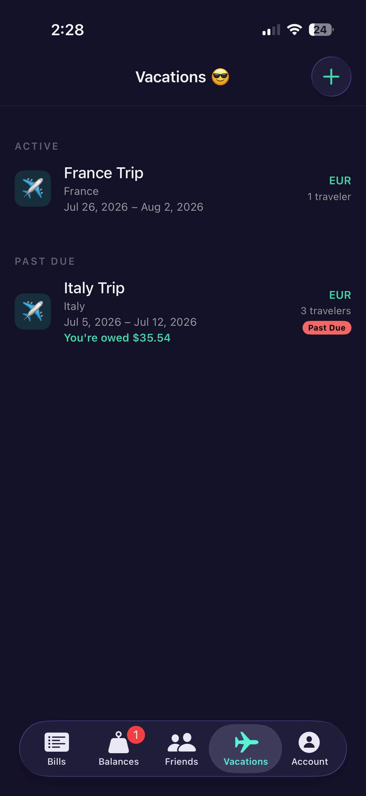 CheckMate Vacations tab showing active and past-due trips with currency and balance owed
